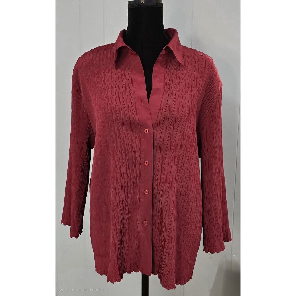 Western Connection II Burgundy Plisse Textured Button Down Blouse 2X Lettuce Hem